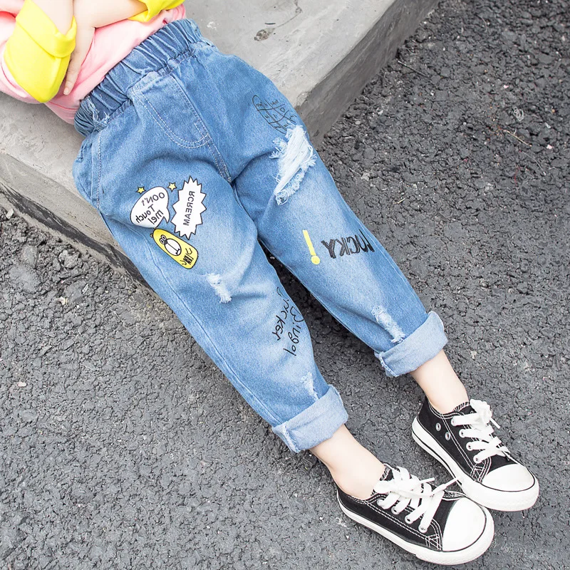 Детские рваные джинсы длинные штаны От 3 до 8 лет г. Весенне-осенне-зимние синие