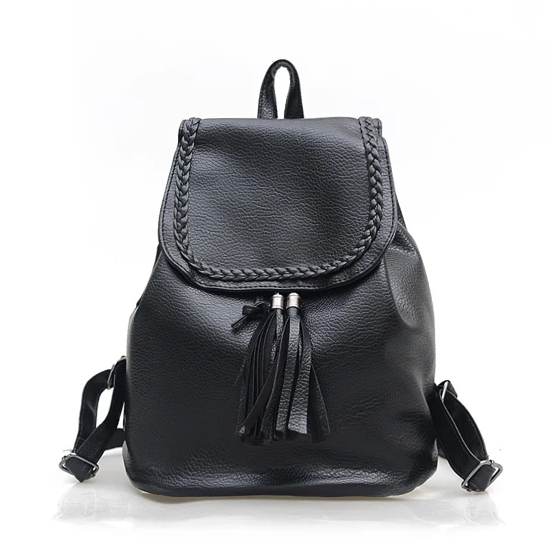 Винтажный рюкзак с кисточками черный тканевый Школьный из искусственной кожи