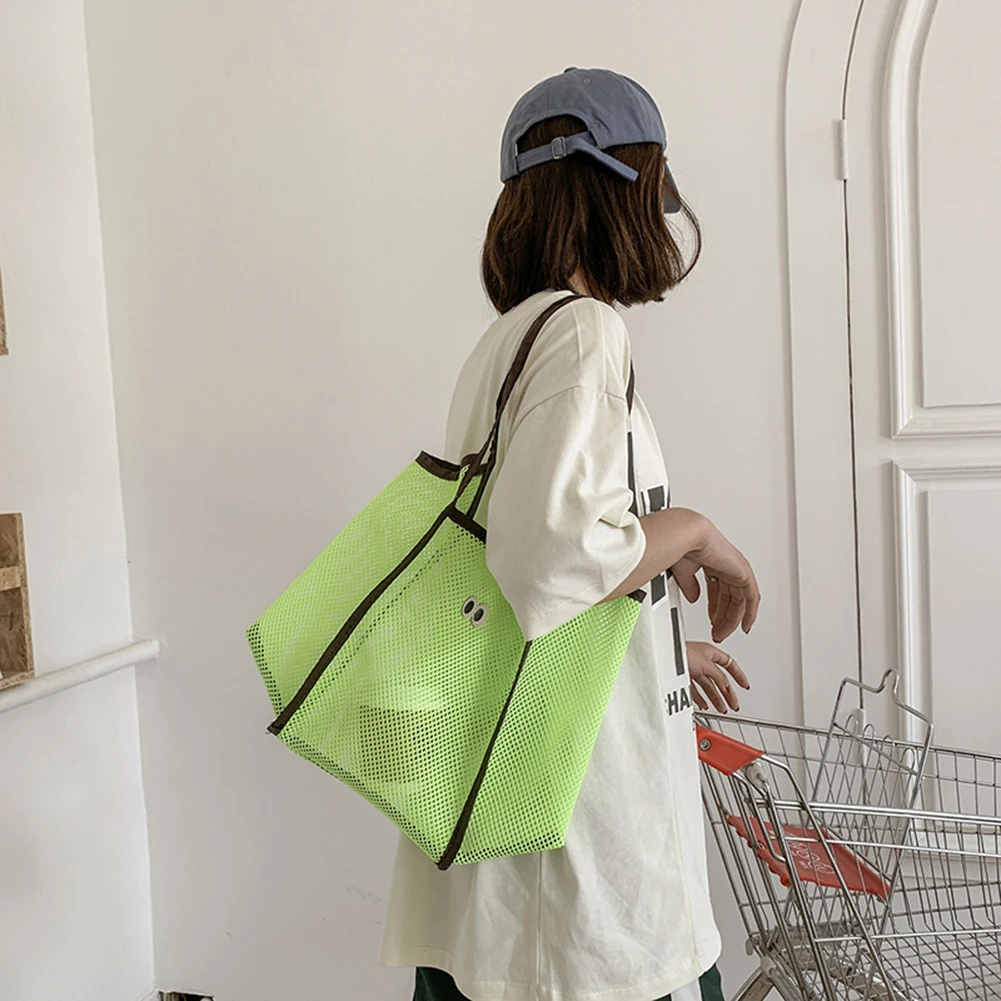 

Leisure Patchwork Shoulder Shopping Bag All-match Mesh Hollow Cartoon Eye Shopping Bag Vacation Large Capacity Tote Handbag