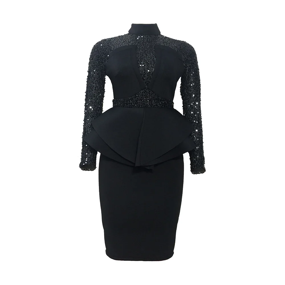Осеннее женское облегающее платье с блестками длинным рукавом и рюшами вечернее