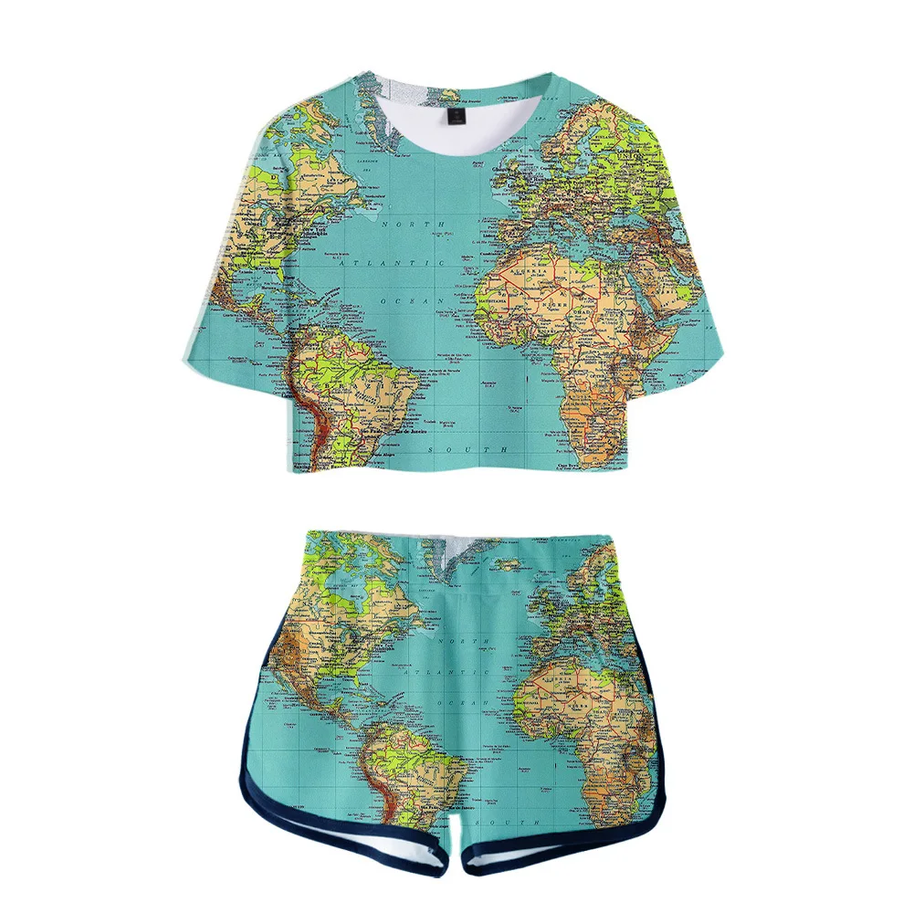 Женский спортивный костюм с принтом карты мира комплект из двух предметов