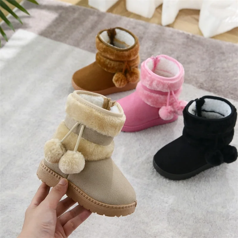 

New Winter Furry Shoes Girls With Cute Hairball Baby Kids High Top Snow Boots Anti-proof Warmer School Children Fur Boots E08014