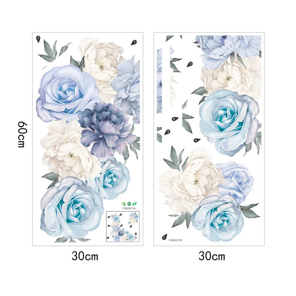 Light blue peony flower combination wall sticker Background self-adhesive Home decoration stickers | Дом и сад