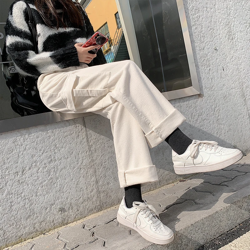 

HKCP Casual Pants Solid Fashion Office Lady Corduroy Pleated Mid Waist Full Length Loose Straight Slim Trousers Autumn/winter