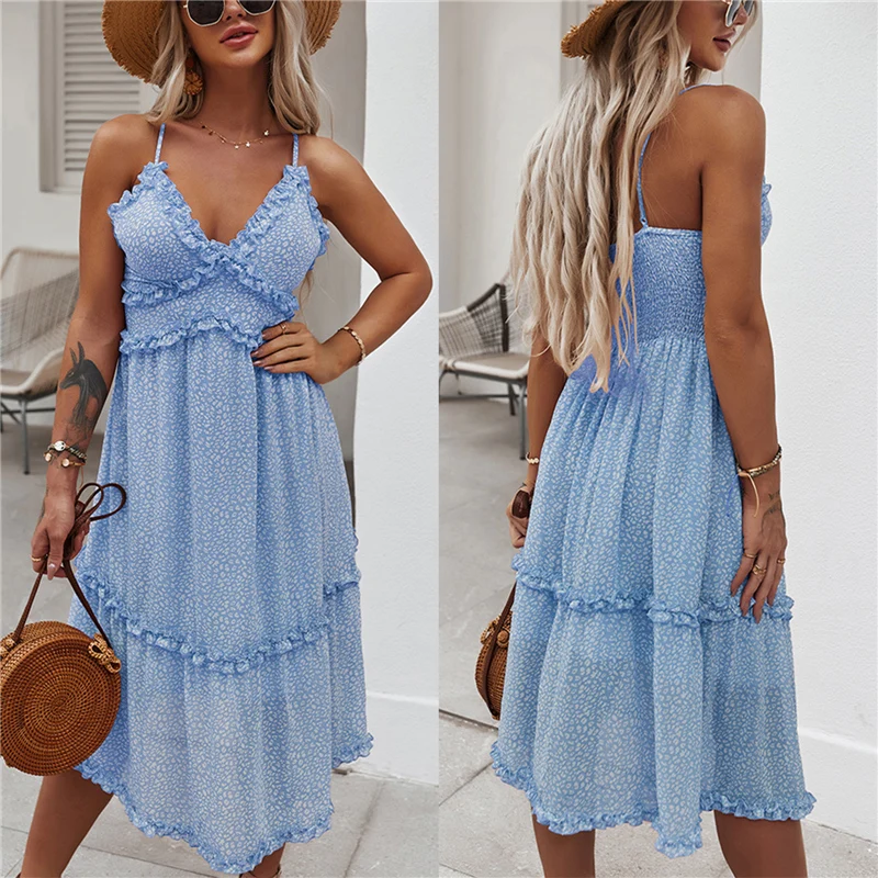 

Stylish Women Sexy Floral Sling Dress V-Neck Sleeveless Spaghetti Strap Sundress Summer Holiday Vestidos Ruffle A line Dresses