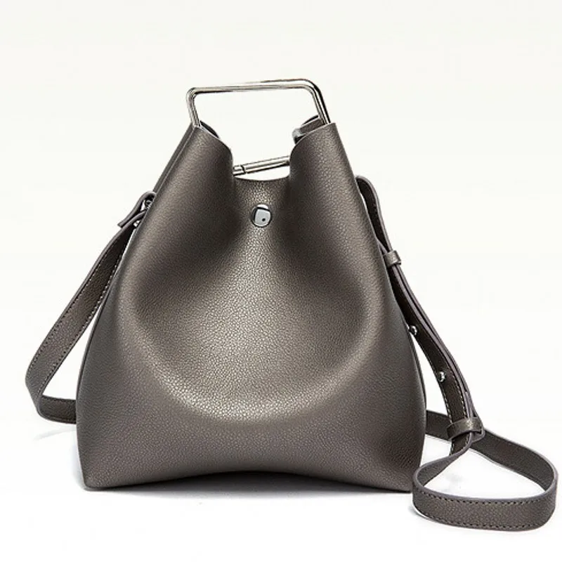 

New Korean Style Fashion Genuine Leather Bucket Bag Square Buckle Handbag Cowhide Crossbody Bags High Quality Shoulder Bag