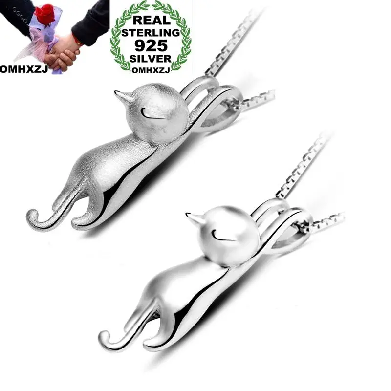 

OMHXZJ Wholesale Personality Fashion OL Woman Girl Party Gift White Cute Cat 925 Sterling Silver Charm Pendant Necklace CH95