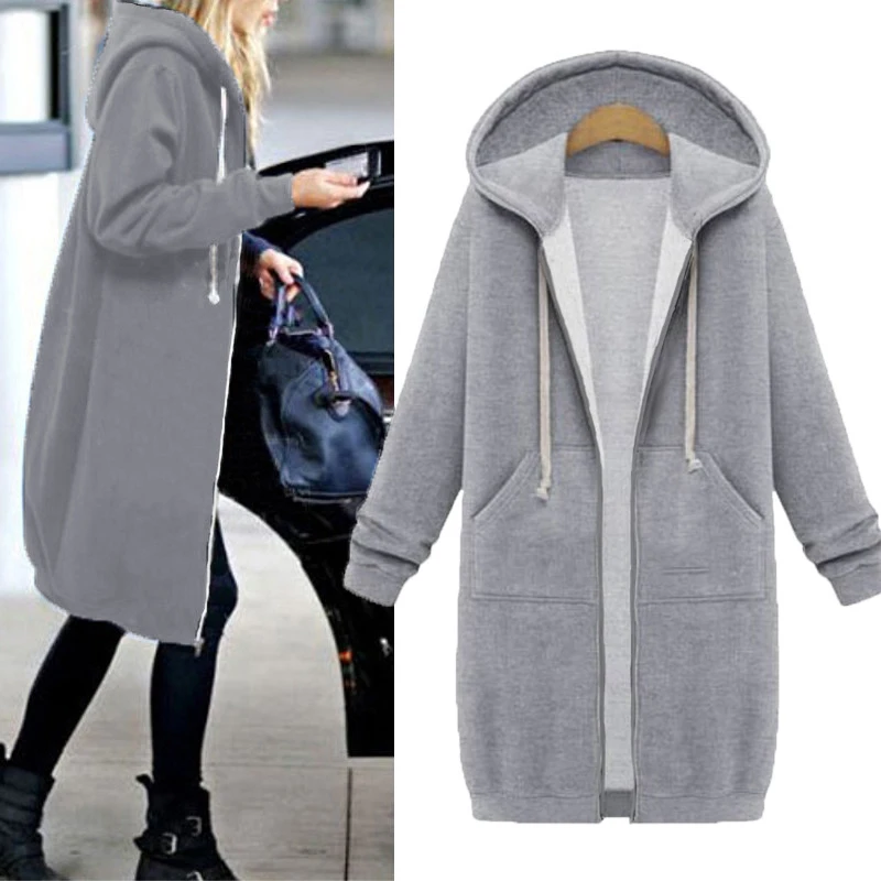 Light Gray ZANZEA плюс размер 5XL осень зима женские толстовки на молнии с капюшоном длинный свитер платье с длинным рукавом мешковатое пальто куртка верхняя одежда - Цвет: Light Gray