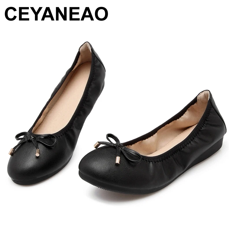 

CEYANEAO Women Round Toe Cute Bow Ballet Flats 2018 Spring/Autumn Female Brand New Slip-On Soft Sole Comfort Casual Work Shoes
