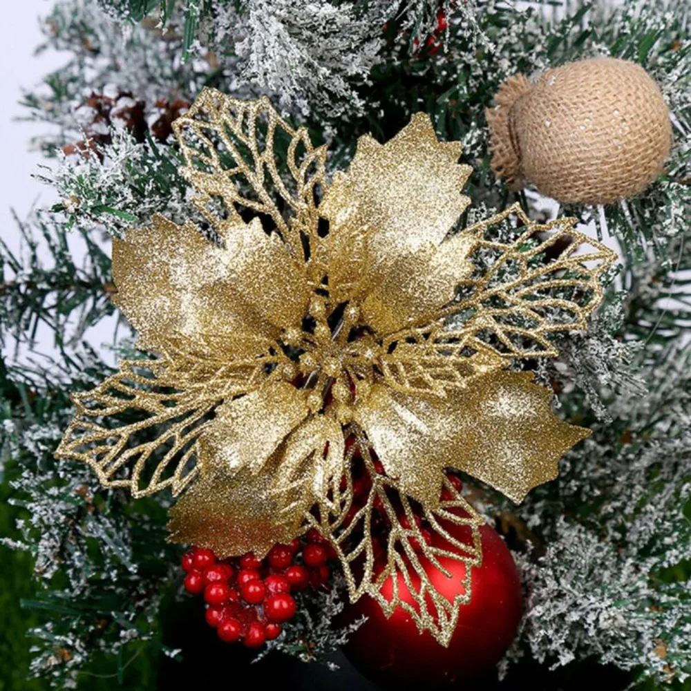 

10pcs Glitter Artifical Christmas Flowers Christmas Tree Pendent Wreaths Rattan Decor Party Ornament Home Decor New Year Gift