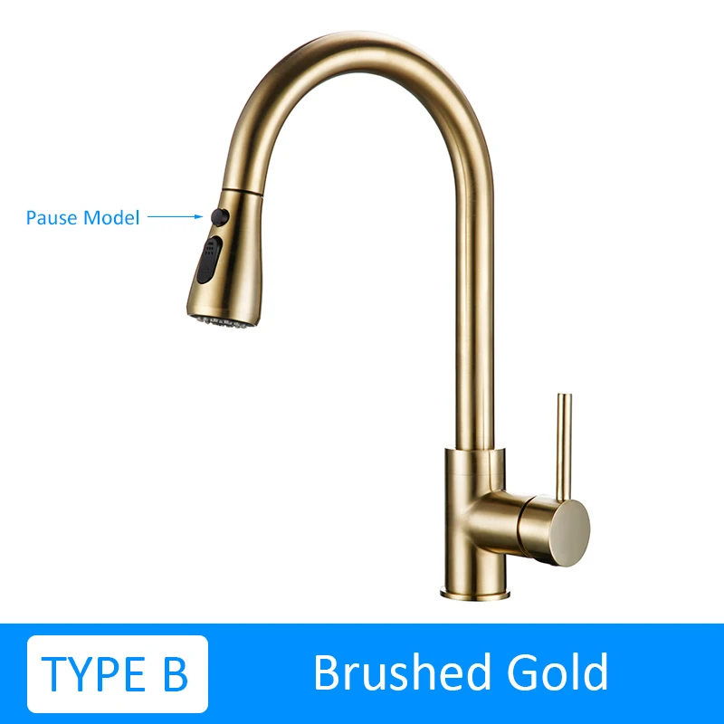 TYPE B Brush Gold Quyanre хромоникель вытяжной кухонный кран с одной ручкой Смеситель кран H/C кухонный смеситель для воды кран для паузы воды кухонный кран - Цвет: TYPE B Brush Gold