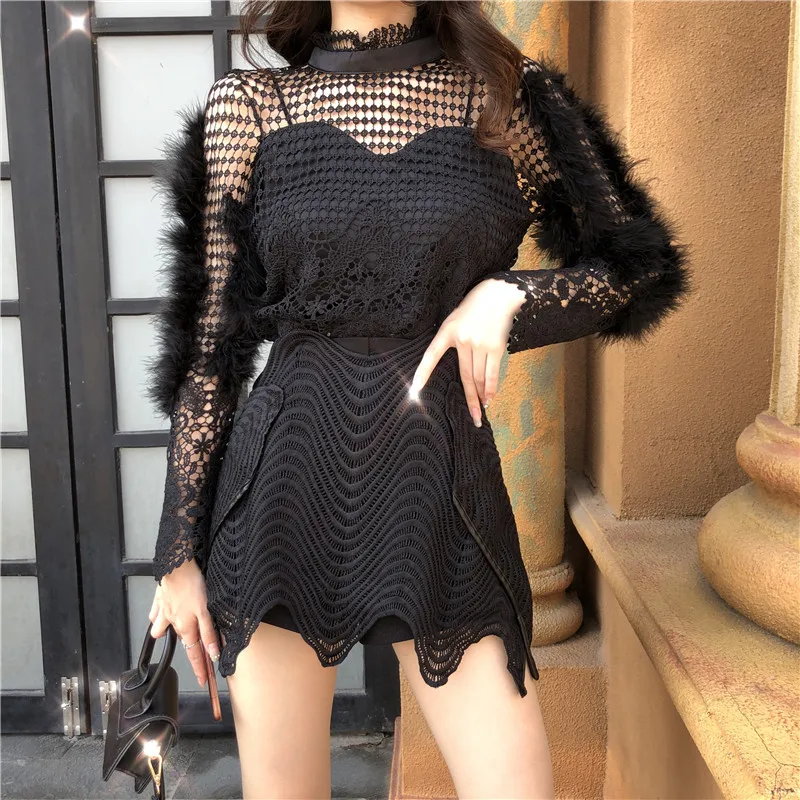 

2PC Fashion Outfits Women Sexy Hollow Out Lace Stitching Feather Fur Shirts&Irregular Mini Skirt Sets Two Piece Chic Dress Suits