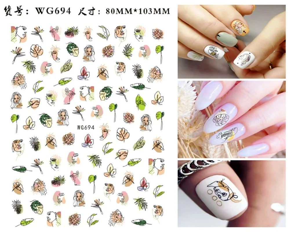 

Water Nail Stickers Decal Face Stick Doodle Leaves Nail Art Decorations Slider Manicure Watermark Foil Tips Nail Accesoires