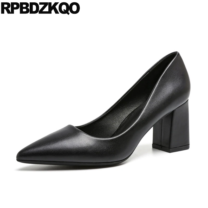 

Size 4 34 3 Inch Pointed Toe Fashion Black Thick Chunky Office Shoes Women Slip On Pumps 2021 Brown High Heels Block Designer
