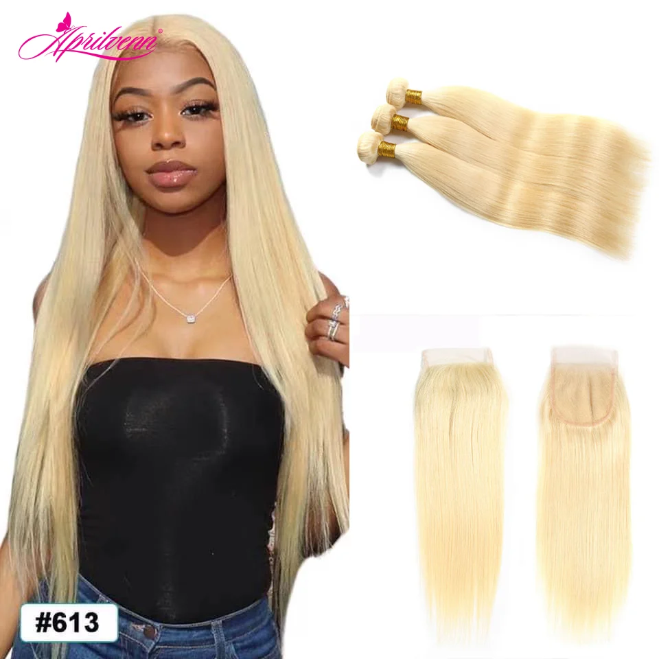 

Aprilvenn 613 Blonde Straight Brazilian Hair Weave Human Hair Bundles with Closure 3 4 Remy Hair and a Lace Frontal Closure