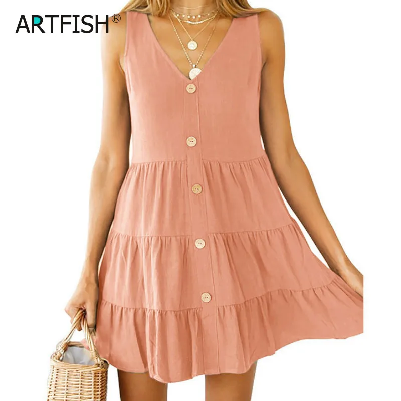 Милое зеленое платье Boho Kawaii, Пляжное летнее платье для женщин, пуговицы, оборки, карманы, платье без рукавов, верхняя одежда, сарафан, GV249