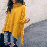 2022 winter irregular split hem casual pullover sweater autumn warm knited pull top female loose high collar yellow army green