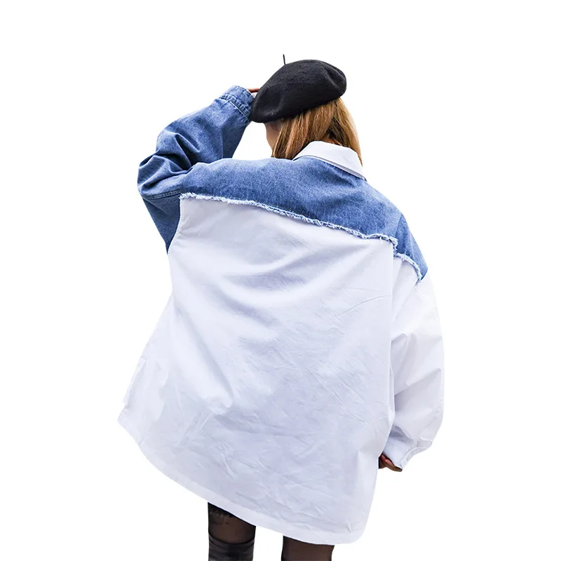 

QING MO White Women Denim Patchwork Blouse 2021 Women Letter Printed Blouse Female Big Size Blouse For Women ZQY6486