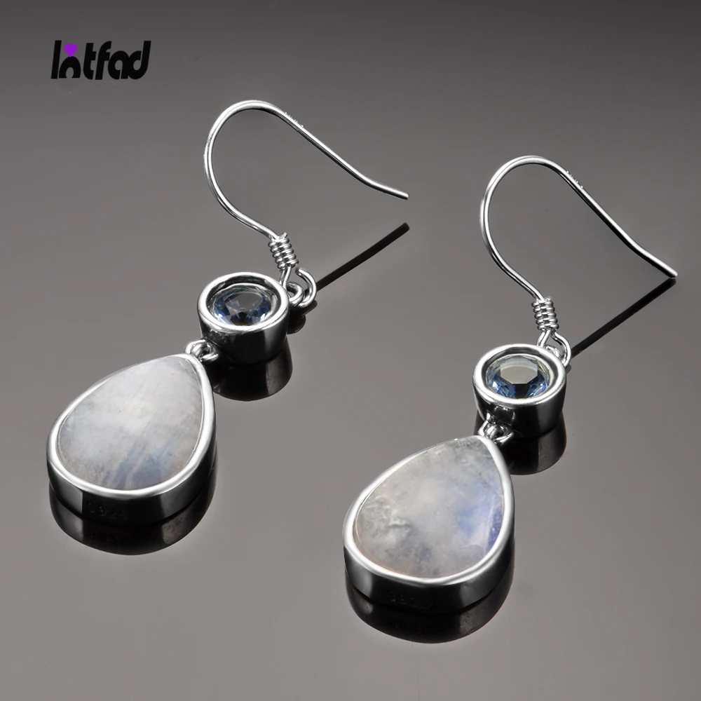 

925 Sterling Silver Earrings 9x13MM Natural Moonstone Ear Jewelry Light Blue Zircon Earrings Fashion Party Wedding Jewelry
