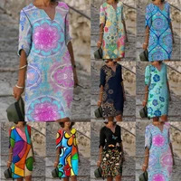 vintage printing women dress v neck half sleeve a line dresses casual 2021 fashion spring female loose sundress beach dresses