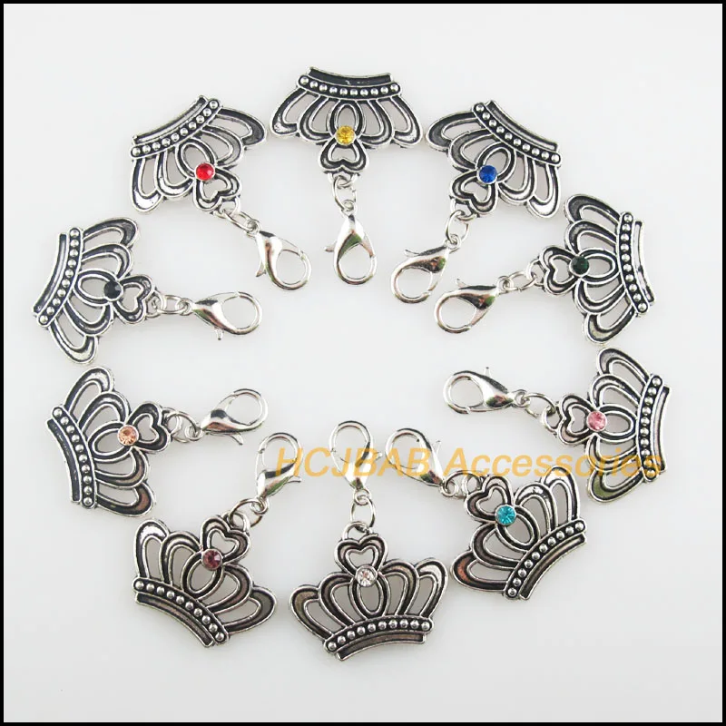 

10Pcs Tibetan Silver Tone Crown Retro Mixed Round Crystal 18x22mm With Lobster Claw Clasps Charms