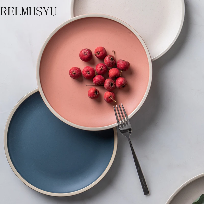 

1PC RELMHSYU Nordic Style 4Color Ceramic Round Steak Dessert Dish Western Food Dinner Plate Home Tableware