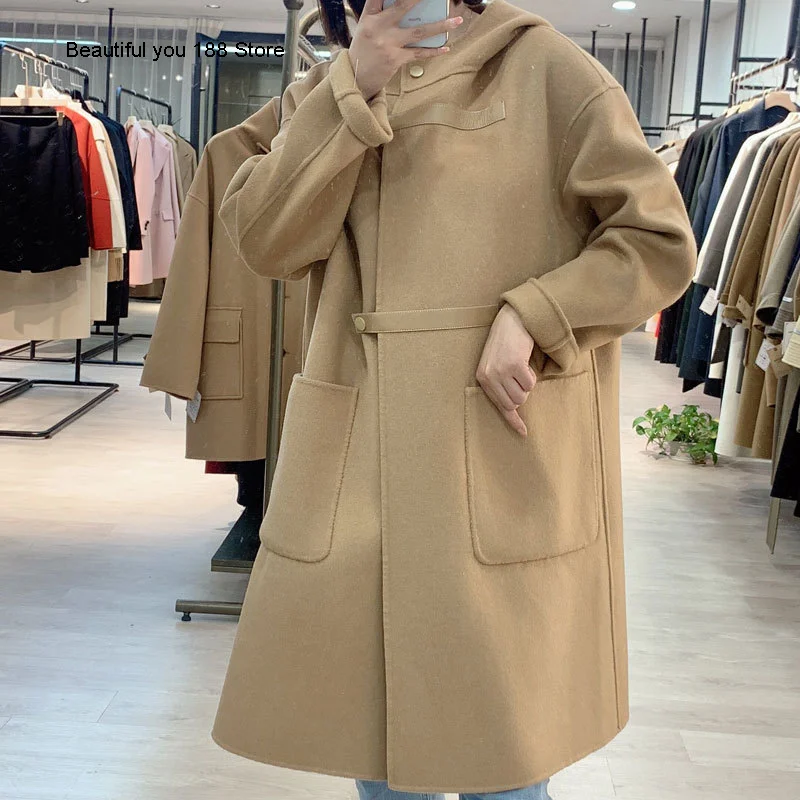 

European double sided cashmere coat women's 2020 winter new hooded leather medium length loose woolen coat