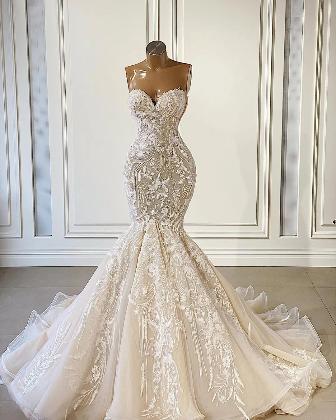 

2021 New Mermaid Wedding Dresses With Train Long Lace Beads Crystal Sweatheart Bridal Dresses Robe De Mariee Real Video