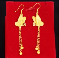 women 24k gold plated drop earrings with long tassel ear clip yellow butterfly earrings for female girlfriend birthday gifts