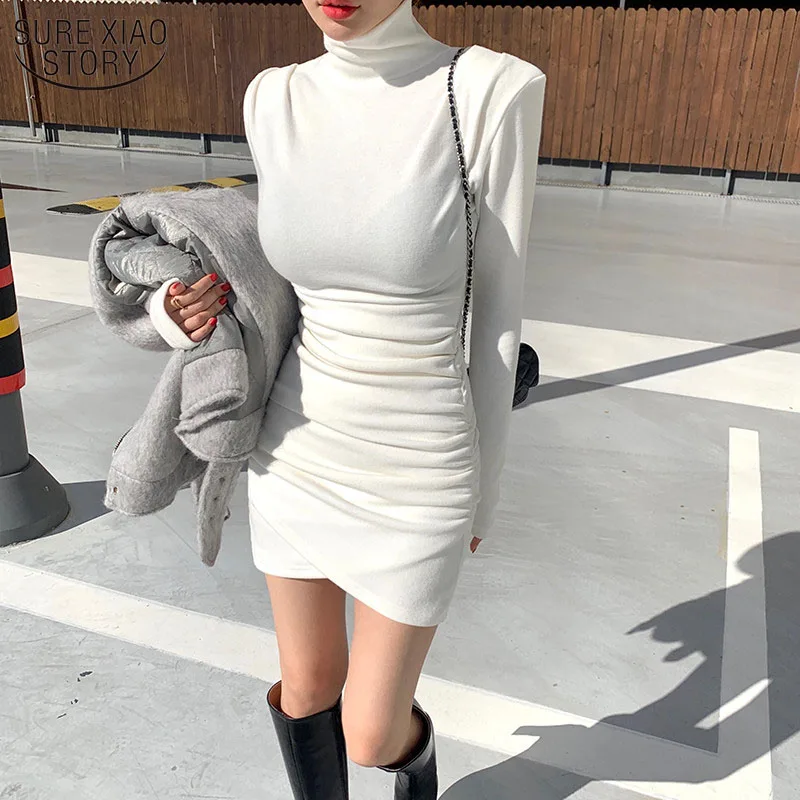 

2021 Slim Long Sleeve White Dress Spring Pleated Turtleneck Hip Dress Women Above Knee Ruched Elegant Sheath Dress Robe 12975