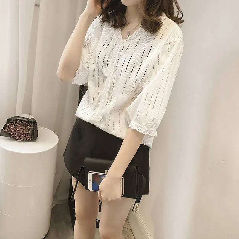 Хлопковая рубашка с коротким рукавом лето 2019 женские блузки топы одноцветные