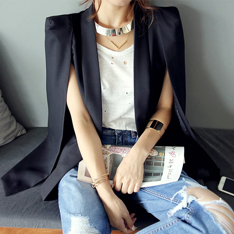 

Shawl Collar Split Sleeve Cloak Blazer Cape New Women's Spring Solid Color OL Suit Jacket Coat Black White