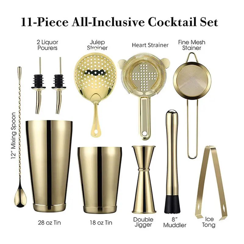 

CocktailShaker 11 PCS Bar Set household party etc Rose Gold Color 750ml Shiny Stainless Steel Boston Cocktail Shaker Set