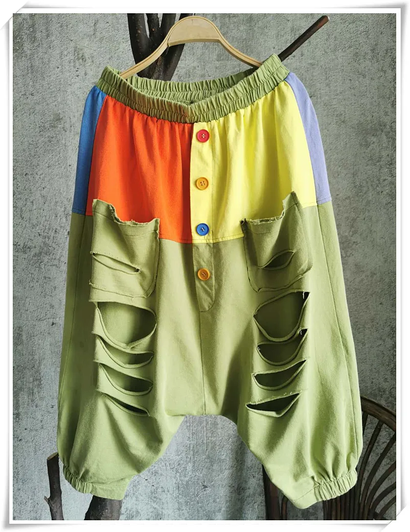 LYUZHE 6 Colors New Fashion Holes Button Harlan pants 2021 SummerWomen  Elastic Waist Patchwork Pants Colorful Hot Sale LYZ003