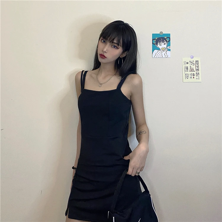 Винтажное летнее платье в стиле панк готика тонкое черное модное с разрезом