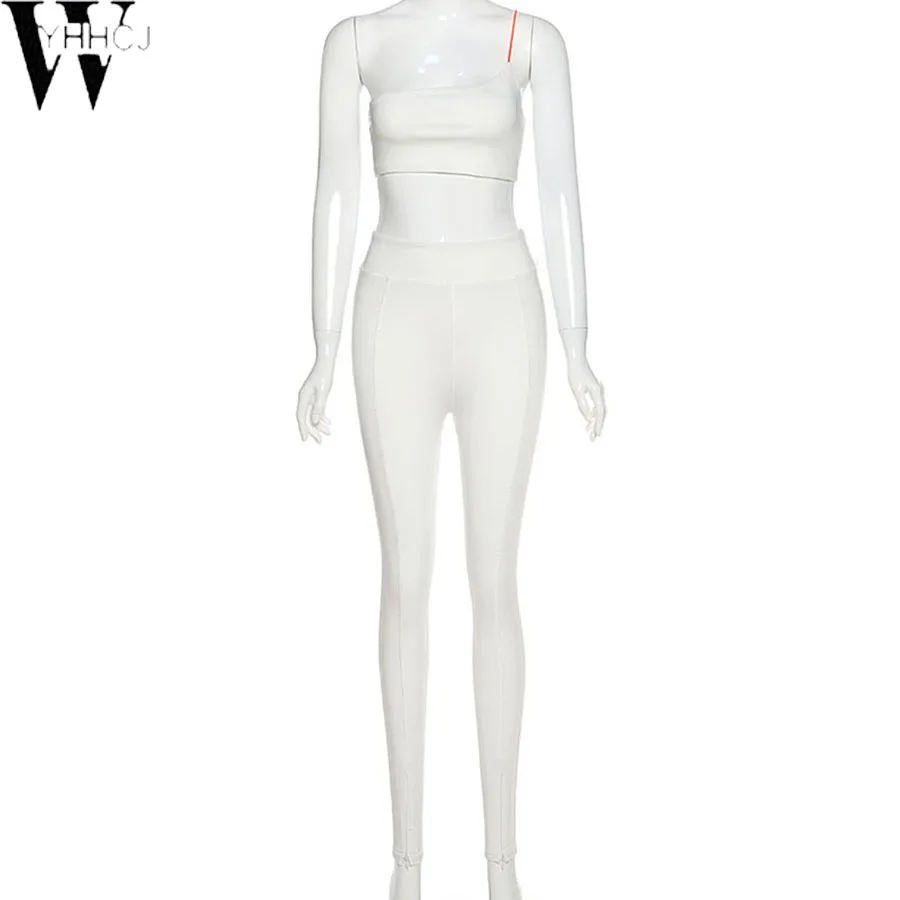 

WYHHCJ White One Shoulder Bodycon Matching Sets Women Sporty Casual Skinn Two Piece Outfits Sleeveless Top And Side Slit Pants