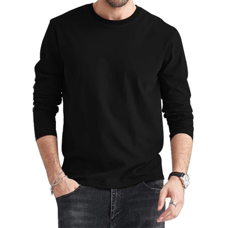 

2021 new men's long-sleeved T-shirt men's cotton summer round neck slim T-shirt solid color