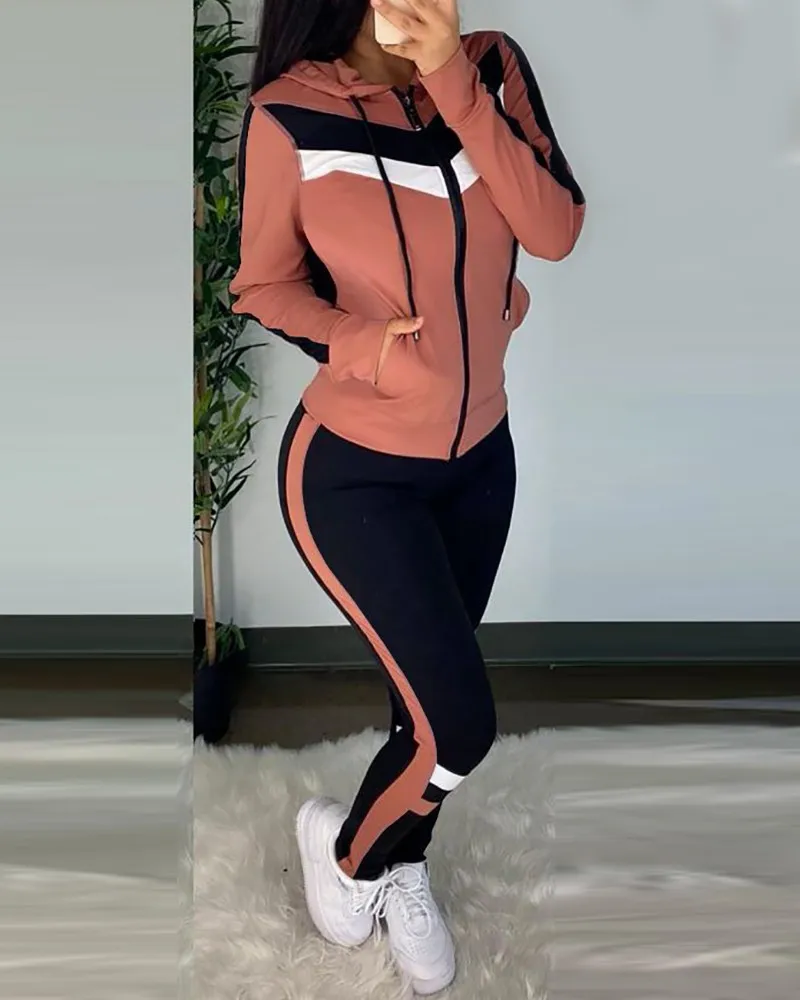 

Colorblock Crop Top & High Waist Pants & Hooded Coat Set Casual Women 3 Piece Set Outfits Sleeve Style Clothing Length Collar