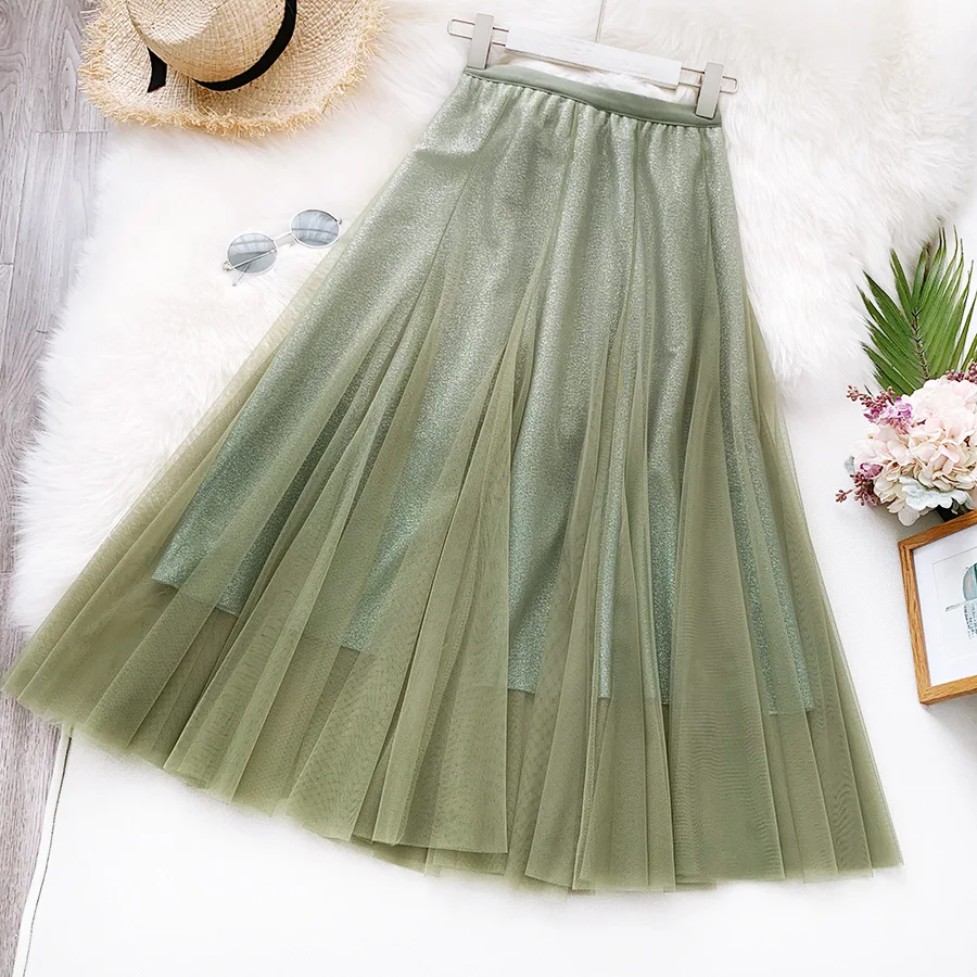 

New Arrival Long Women Skirt WF0049 High Waisted Tulle Gradient Color Black Khaki Green Blue Elegant Ladies Skirt