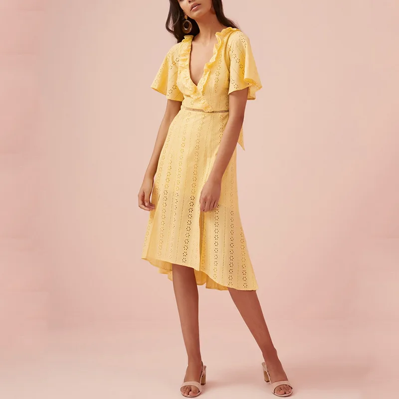 

New Sexy V-neck Open Back Lace Up Waist Hem Split Irregular Dress for Women Elegant White Cotton Hollow Out Split Cute Dress