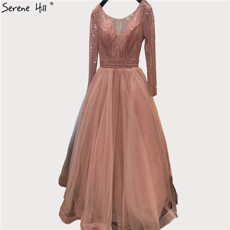 Розовые вечерние платья трапециевидной формы с длинными рукавами дизайн 2020