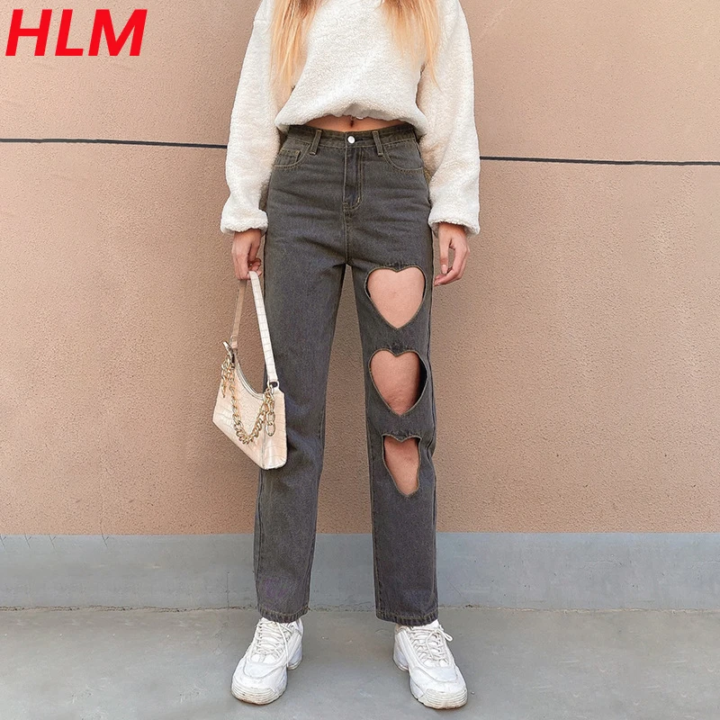 

HLM 2021 Summer High Waist Solid Color Jeans Fashion Casual Classic Slim Trousers Thin Hollow Love Pattern Straight Leg Pants