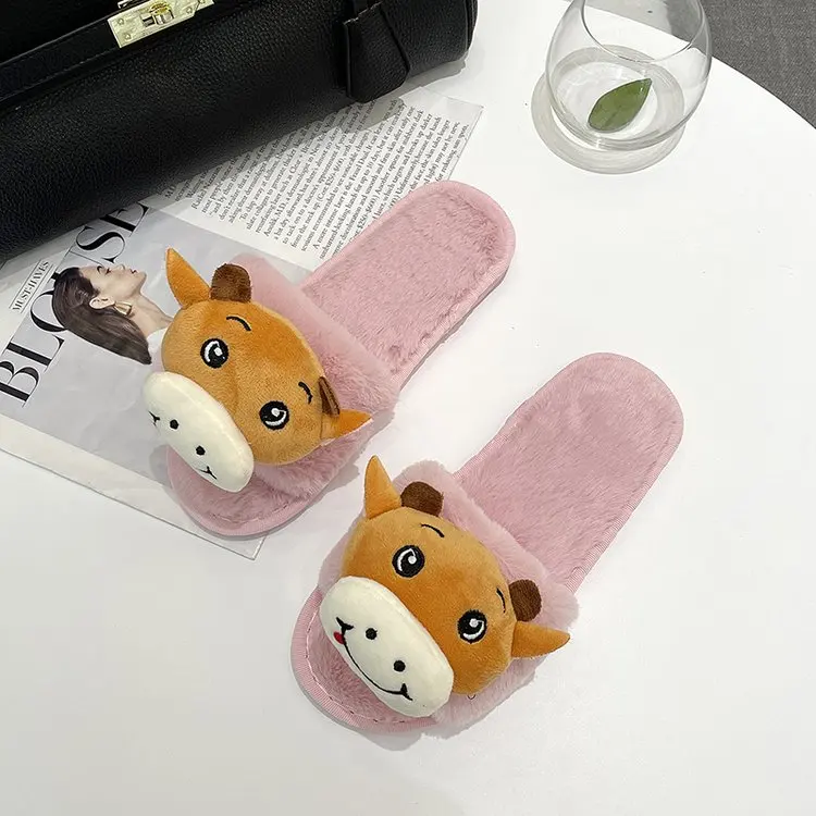 2021  Autumn and Winter Home Ladies Cotton Slippers Cute Calf Knot Decoration Comfortable Slippers Female Furry Slippers Female
