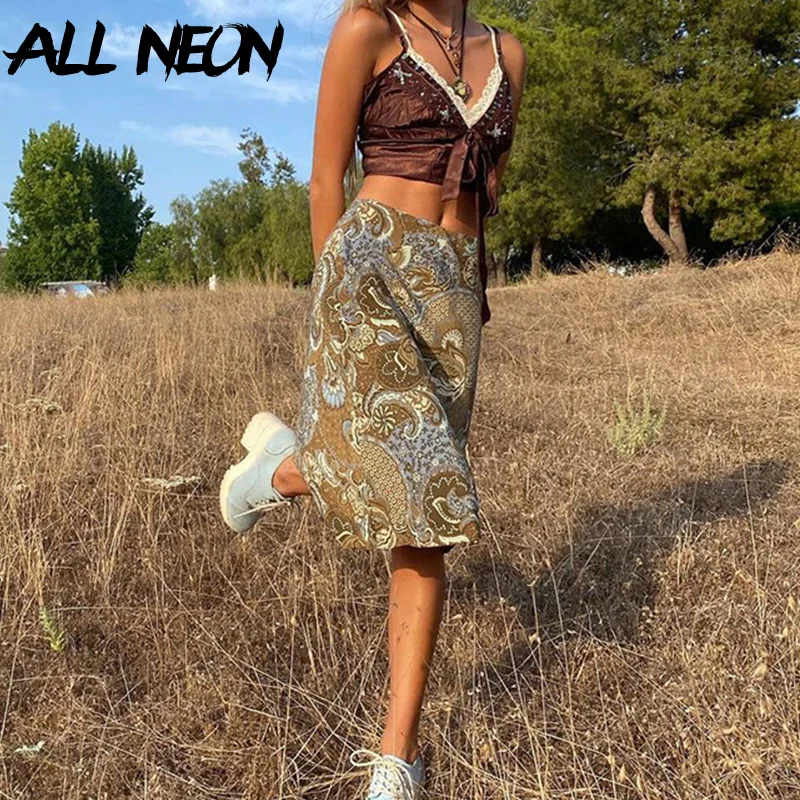 

ALLNeon Fairy Grunge Aesthetics Art Print High Waist Midi Skirts 90s Streetwear Vintage A-Line Basic Long Skirt Retro Bottoms