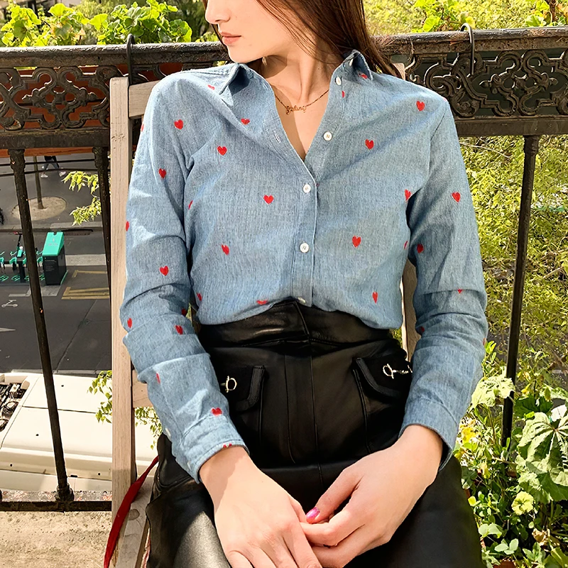 

Embroidery Heart Denim Shirts Woman Long Sleeve Turn-down Collar Chic Elegant Shirt 2022 Casual Loose Camisas Mujer Blouse Tops