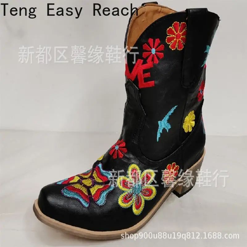 

Women Ankle Boots 2021 Autumn and Winter New Embroidery Ethnic Style Mid-heel Thick-heeled Short Boots Square Toe Women's Boots