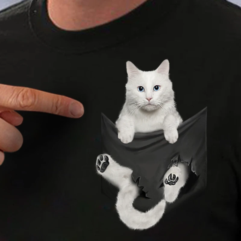 CLOOCL Cotton T-Shirt Fashion White Turkish Angora Cat in Pocket Casual Harajuku Unisex Tops Drop Shipping | Мужская одежда