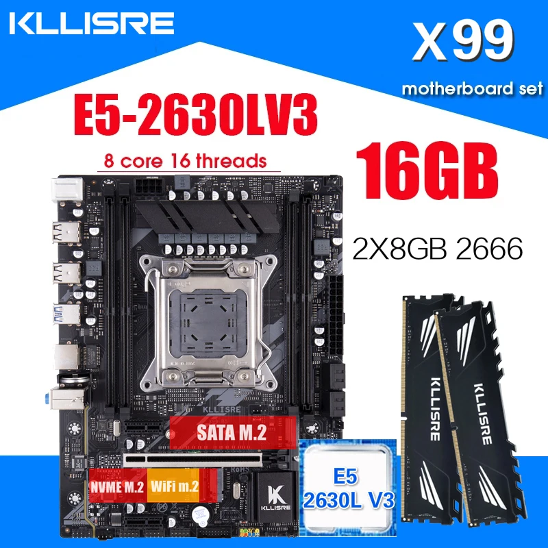 Комплект материнской платы Kllisre X99 процессор Xeon E5 2630L V3 LGA 2011-3 2 шт. X 8 ГБ = 16 Гб 2666 МГц