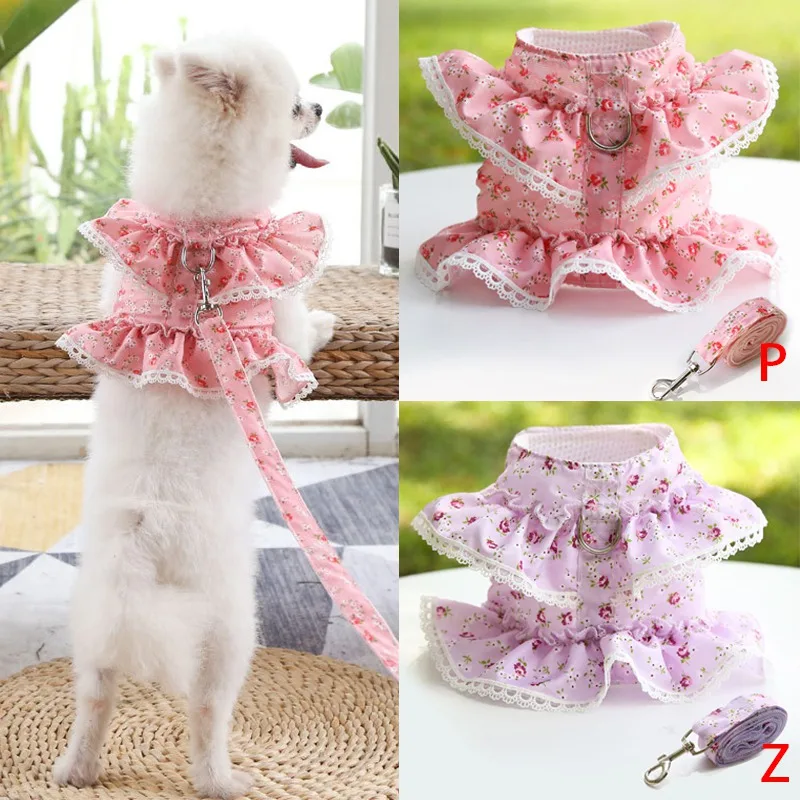 Dog Cat Harness Leash Set Adjustable Lace Floral Printed Pet Harness Vest Cute Dog Dress Pubby Mesh Harness Cat Walking Lead