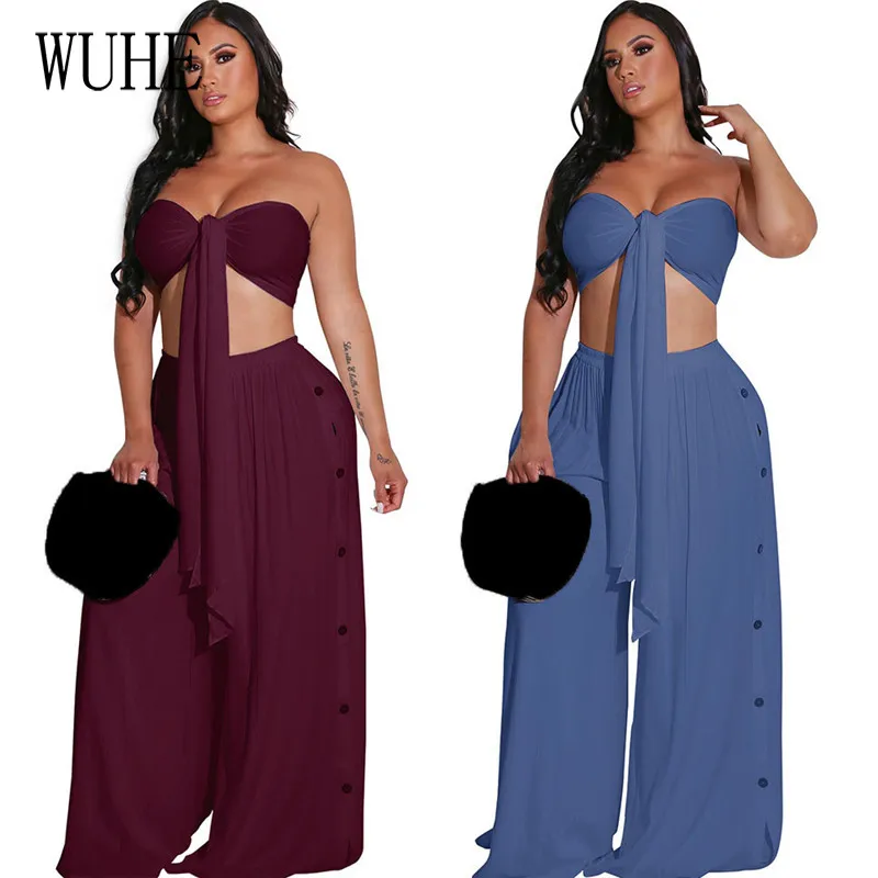 

KEXU Nightclub Party Two Piece Sets Sleeveless Lace Up Breast Wrap Off Shoulder Top + Wide Leg Pants Casual Streetwear Outfits